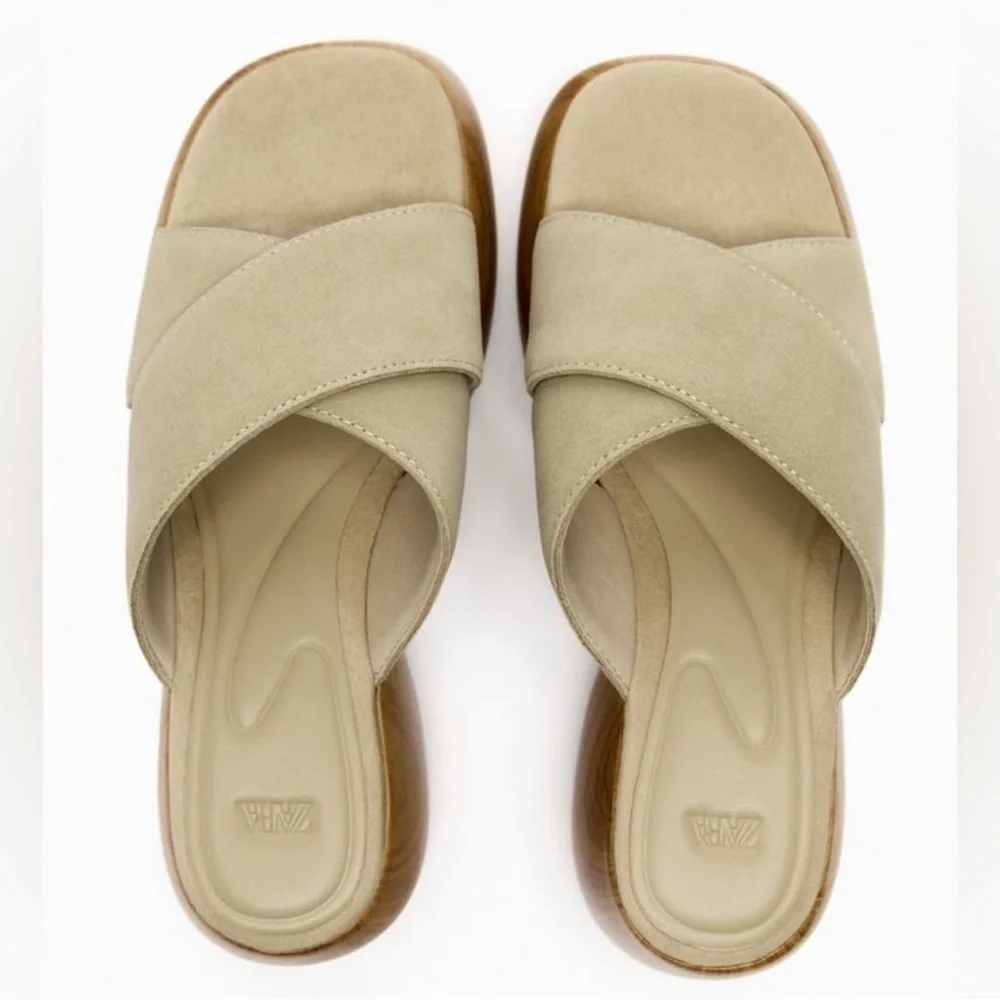Zara Platform Tan Air Fit Cow Leather Upper Sandal Clogs Sz. 8 - Picture 4 of 15